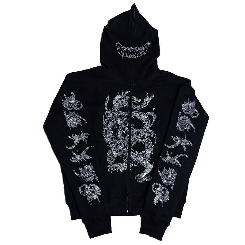 Women's Dark Gothic Street Style Hoodie Zipper Sweatshirt With Skull And Rhinestone Design New_ecoleips.com