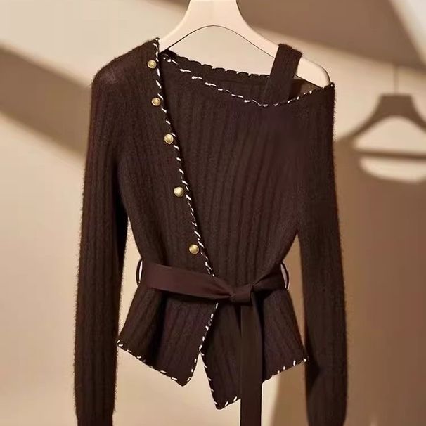 Women's Asymmetrical Off-Shoulder Sweater – Chic Ribbed Knit Top With Waist Definition (Long Sleeve, Polyester Blend, S-XL, Coffee Brown)_ecoleips.com
