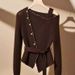Women's Asymmetrical Off-Shoulder Sweater – Chic Ribbed Knit Top With Waist Definition (Long Sleeve, Polyester Blend, S-XL, Coffee Brown)_ecoleips.com