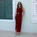 Women's Clothing Spring New With Belt Crepe Sleeveless Midi Dress_ecoleips.com