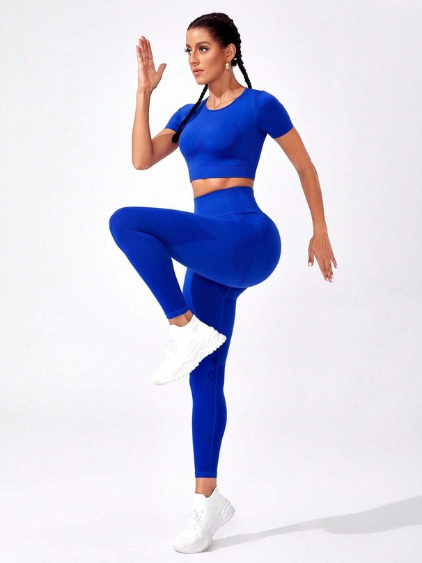 Women's Clothing Solid Color Seamless Peach Hip Lifting Short Sleeved Trousers 2 Piece Suit Running Fitness Sportswear Yoga Clothes_ecoleips.com