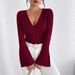 Women's Knitted Ribbed T-Shirt V Neck Bell Sleeve Design Elegant Fashionable New_ecoleips.com