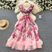 Elegant French Dress For Women Ruffled V Neck Slim Waist Printed Long Skirt Summer High End Fashion_ecoleips.com