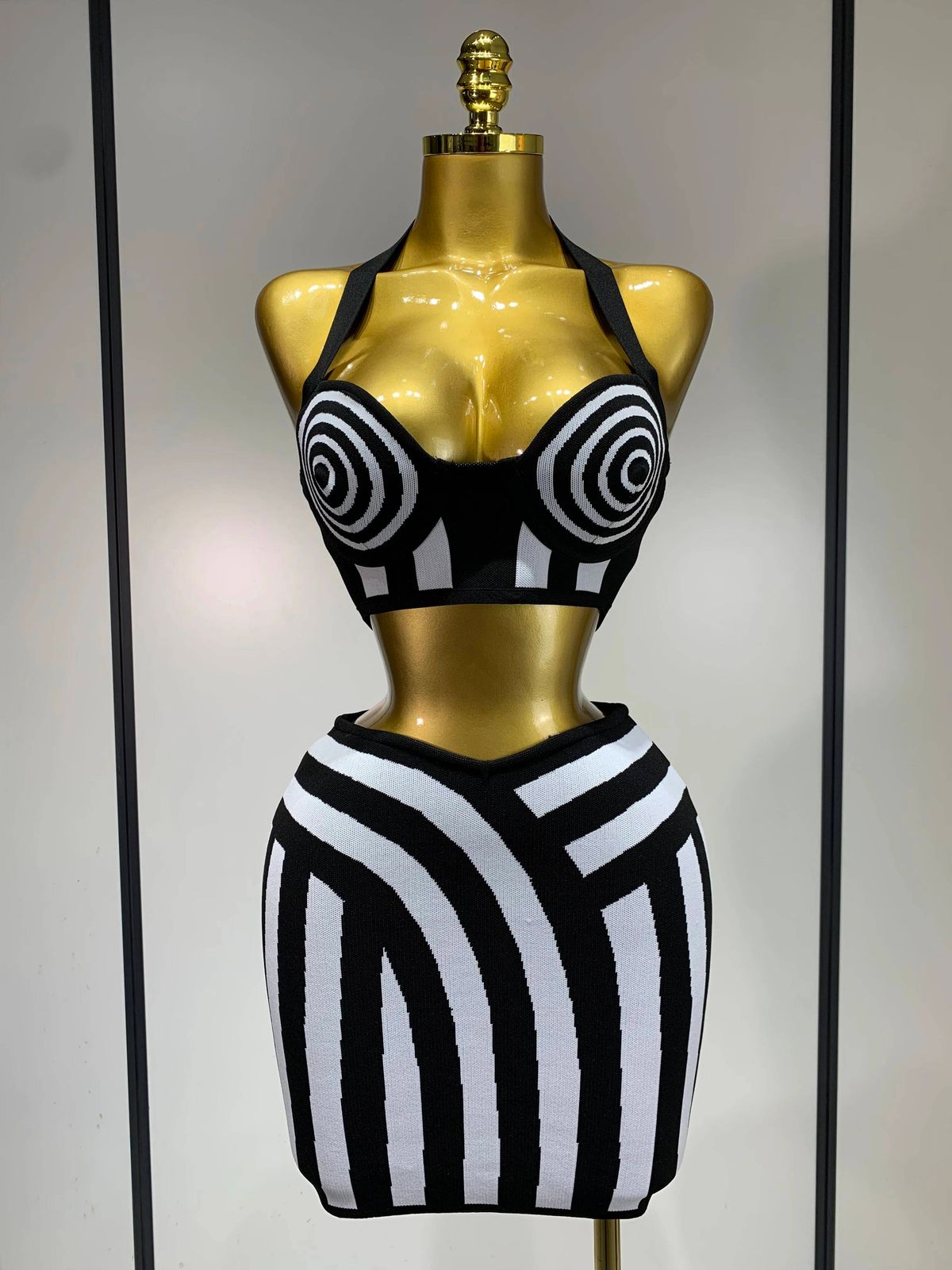 Women Sexy Backless Halter Striped Bandage Skirt Two Piece Set Knitted Celebrity Elegant Evening Birthday Party Dresses XQP7_ecoleips.com