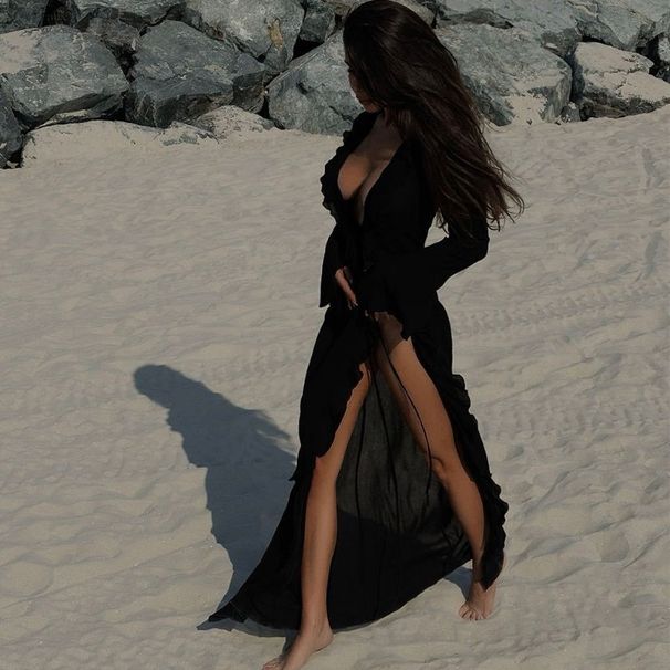 Talenza Ruffled Lace Up Maxi Dress Women's Solid Long Sleeve Lace Cardigan Beach Bikini Cover Up Dress Sexy Party Vacation Robe_ecoleips.com