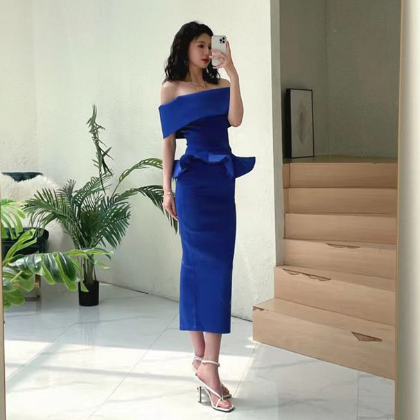 Women's Clothing One Shoulder Dress Two Piece Set Ruffled Hip Dress_ecoleips.com