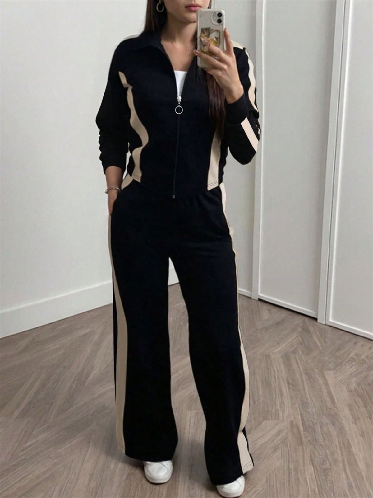 Women's Autumn Winter Striped Print Two Piece Set Coat with Straight Leg Pants_ecoleips.com