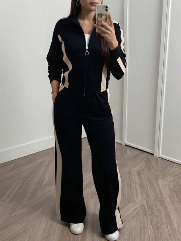 Women's Autumn Winter Striped Print Two Piece Set Coat with Straight Leg Pants_ecoleips.com