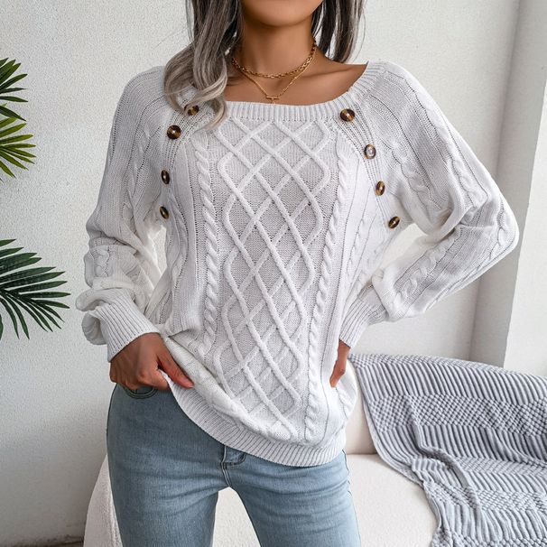 2025 Autumn Winter Casual Square Neck Buttoned Cable Knit Pullover Sweater Independent Station Cross-Border_ecoleips.com