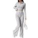 Solid Color Ribbed Two-Piece Set Zipper Long Sleeve Cropped Top High Waist Flared Pants Set Wholesale_ecoleips.com