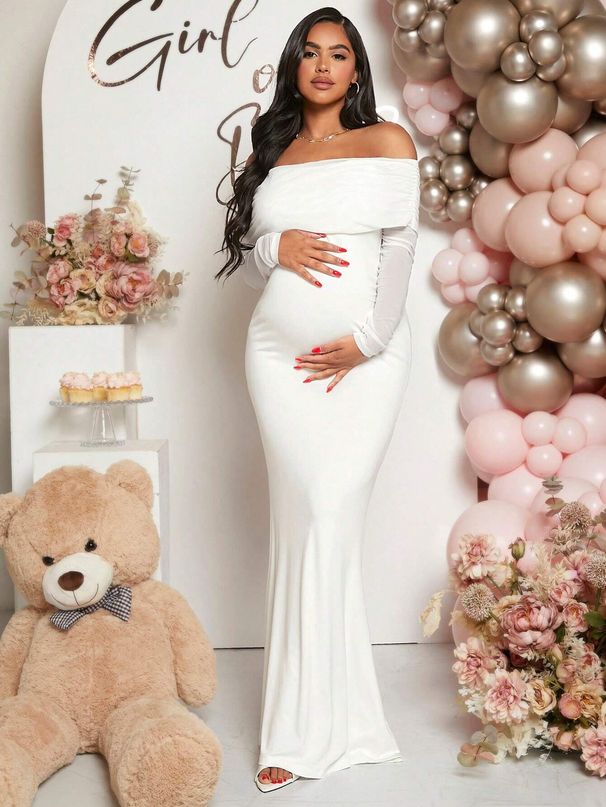 Off-Shoulder Fishtail Maternity Dress Long Sleeved Women's American Style Maternity Wear_ecoleips.com