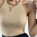 2008 # Off-shoulder Short Halter Neck Korean Style Sleeveless Knitted Tank For Women, Slimming Camisole Top_ecoleips.com
