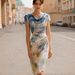 2026 European And American Cross-border Independent Site Holiday Elegant Abstract Print Ruched Cowl Neck Dress_ecoleips.com