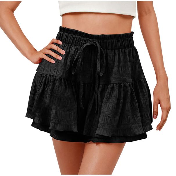 2026 Cross-Border Women's Summer Fashion Ruffle Solid Color Drawstring Skirt Shorts_ecoleips.com