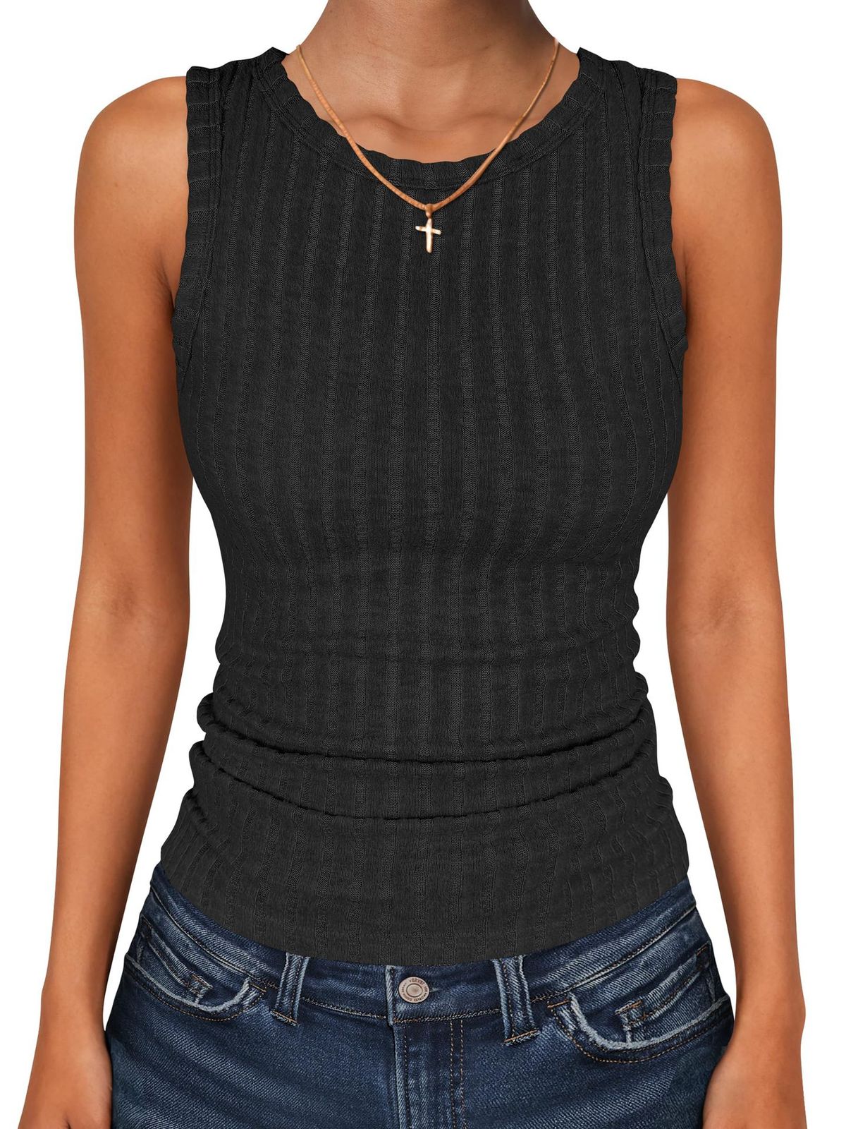 Ribbed Knit Tank Top For Women, Soft Stretch Round Neck Sleeveless Vest, Casual Slim Fit Cami, 4 Colors_ecoleips.com