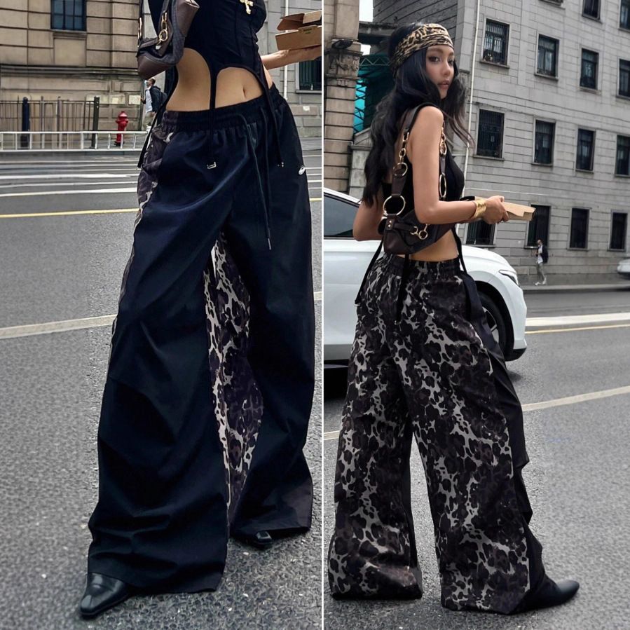 Trendy American Patchwork Leopard Print High-Waisted Wide Leg Casual Pants for Women Jazz Dance Street Style_ecoleips.com