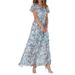 Sandstone-Colored Maxi Dress With Chiffon Floral Print, Short Sleeves, Ruffled V-Neckline, And A Fashionable Fitted Wais_ecoleips.com