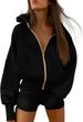 Women's Zip-Up Fleece Hoodie Cropped Jacket Winter Fashion Streetwear, High Waist Slim Fit Long Sleeve Pullover (White/Black/Army Green/Navy/Grey)_ecoleips.com