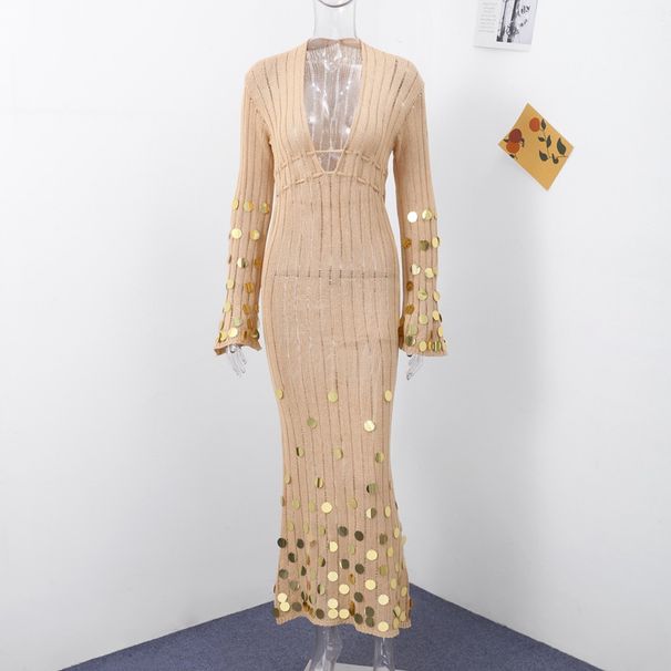 Women's Clothing V Neck Belt Sequined Knitted Long Skirt Spring New Lady Style Sequined Dress_ecoleips.com