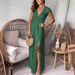 Women's Deep V Neck Long Dress Short Sleeve High Waist Pleated Slit Club Party Evening Solid Color_ecoleips.com