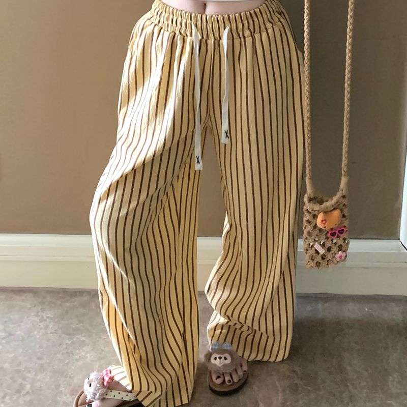 Comfortable Cloud Cotton Sleep Pants Women's Long Pants Striped Outerwear Home Clothes Spring Summer New Style Yellow Stripes_ecoleips.com