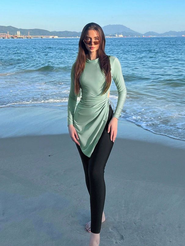 Women's Clothing Women's Swimming Suit Long Sleeve Drawstring Hollow Design Separate Set Pants Triangular Panty Polyester Fabric_ecoleips.com