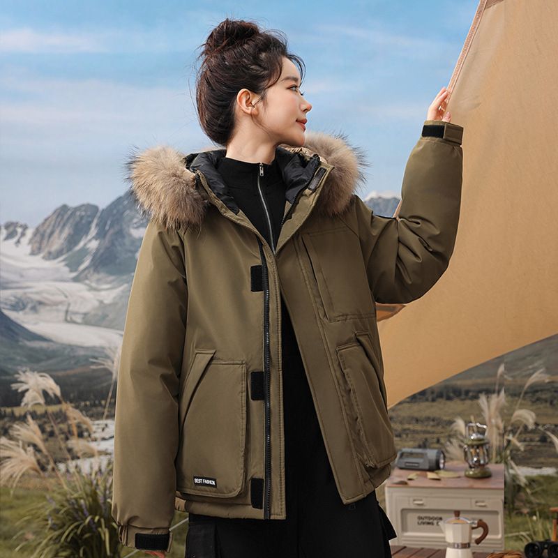 Women's Clothing Vintage-Inspired Short Puffer Jacket With Detachable Faux Fur Hood - Warm Utility Coat For Women (Black, Beige, Khaki, Army Green)_ecoleips.com