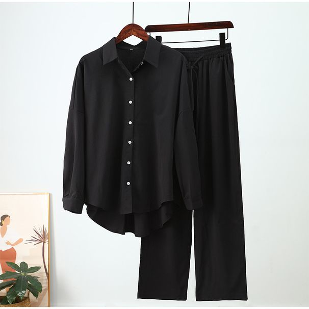Women's Clothing Spring And Autumn Large Size Loose Temperament Leisure Cotton And Linen Solid Color Shirt Wide Leg Pants Sports Suit_ecoleips.com