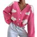 Women's Clothing Loose V Neck Cloud Drop Shoulder Knitted Cardigan Three Button Sweater Short Coat_ecoleips.com