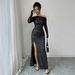 Voya Recommend! Women's Elegant, Simple, Elegant Temperament, High-end Style, Elegant Strapless Long Sleeved Dress, Black Dress_ecoleips.com