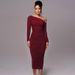 2025 Spring New Women's Long Sleeve Mesh Patchwork Asymmetrical Shoulder Mid-Length Fashion Pleated Dress For Women_ecoleips.com