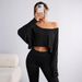 Women's Clothing Loose Collar Bottom Fashion Navel Exposed T Shirt Long Sleeve Top_ecoleips.com