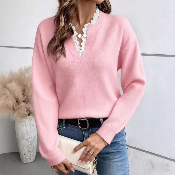 Women's V-Neck Lace Trim Knit Sweater - Solid Color Long Sleeve Pullover For Autumn & Winter_ecoleips.com