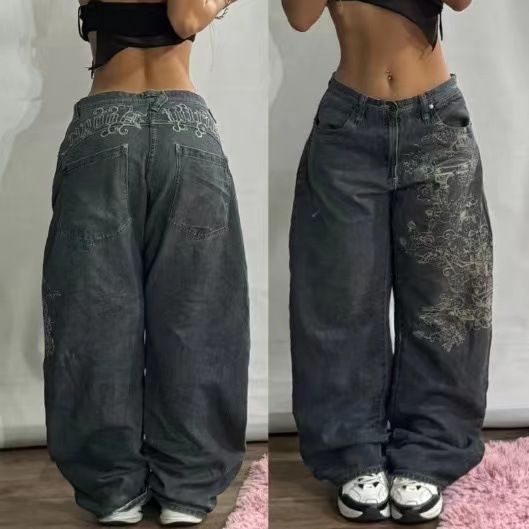 American Retro Loose Embroidered Jeans Ladies Y2K New High Street Hip-hop Niche Design Sense Washed Pocket Color Straight Pants_ecoleips.com