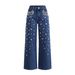 Women's Distressed Straight Leg Jeans Rhinestone Embellished Denim Pants Comfort Fit Stretch_ecoleips.com