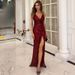 Sexy V Neck Sequined Strappy Dress Open Back High Split Long Skirt Party Dress_ecoleips.com