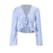 AD840 Autumn New Blouses Blue Striped Women's Tie-Front Bell Sleeve Waist-Cinching Top_ecoleips.com