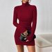 Voya Women's Clothing, European And American Queen Style Wine Red Dress, Autumn And Winter Simple High Neck Versatile Short Skirt_ecoleips.com