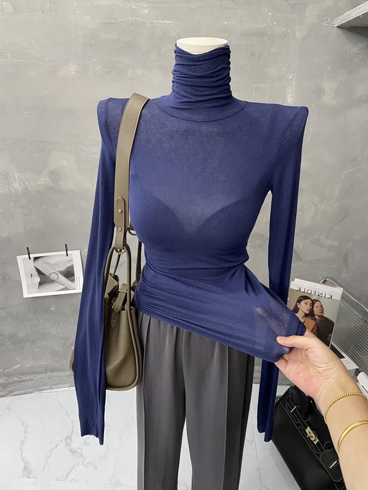 Women's Thin Basic Turtleneck Long Sleeve T-Shirt Solid Color Fitted Inner Layer Top Slightly Sheer for Autumn_ecoleips.com