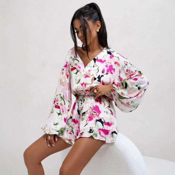 Women's Clothing Women's Summer Jumpsuit V-Neck Printed Long Sleeve Fitted Waist Ruffle Shorts Style Clothing For Formal & Casual For Women_ecoleips.com