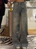 Vintage Distressed Denim Jeans - Rhinestone Embellished Wide-Leg Pants With Raw Hem For Women_ecoleips.com