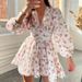 Women's Clothing Sweet Print V Neck Lace Short Long Sleeve Pleated Dress_ecoleips.com
