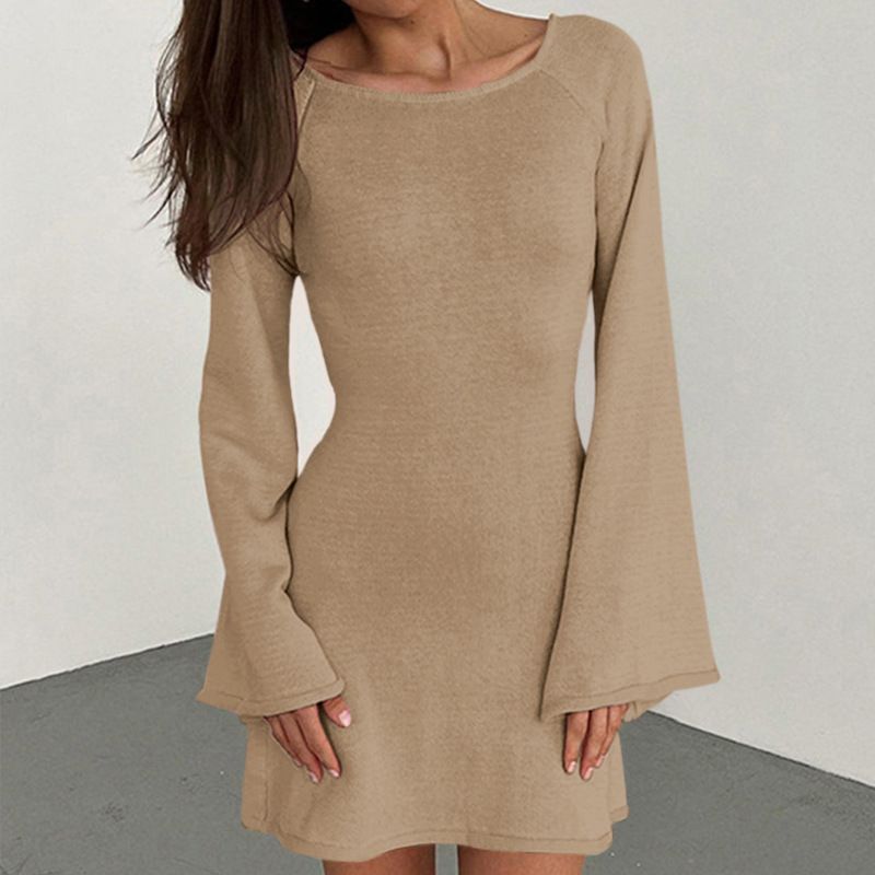 European And American Style Sexy Backless Round Neck Bell Sleeve Solid Color Knitted Long Sleeve Dress Beach Cover Up_ecoleips.com
