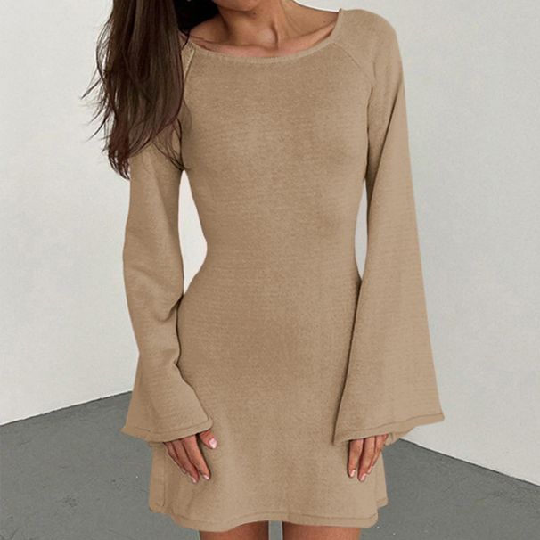 European And American Style Sexy Backless Round Neck Bell Sleeve Solid Color Knitted Long Sleeve Dress Beach Cover Up_ecoleips.com