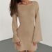European And American Style Sexy Backless Round Neck Bell Sleeve Solid Color Knitted Long Sleeve Dress Beach Cover Up_ecoleips.com