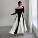 Women's Clothing New Fashion Trend U Neck Splicing Long Skirt Contrast Color Temperament Long Sleeve Dress_ecoleips.com