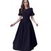 Sweet & Elegant Short-Sleeve Maxi Dress – Retro-Inspired Flowy Summer Dress In Pink, Black & Light Blue, Cotton-Polyester Blend, Bubble Sleeves_ecoleips.com