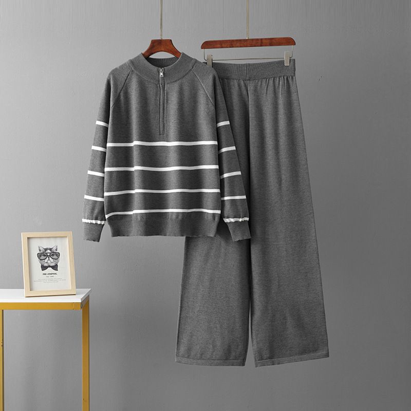 Women's Striped Semi-Zip Sweater & Pants Set - Loose Fit Casual Two-Piece Outfit For Autumn Winter Pant Sets_ecoleips.com