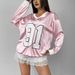 Women's Loose Long Sleeve T-Shirt V Neck Pullover Casual Sporty Top Dopamine Digital Print American Basic Style 2024_ecoleips.com