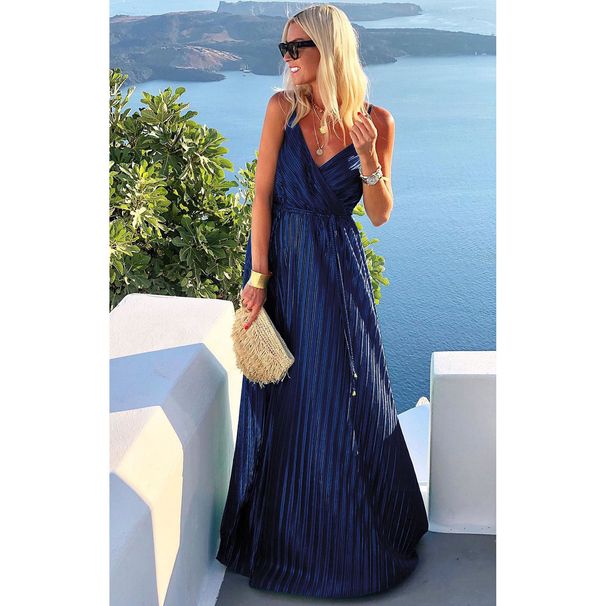 Women's new sexy suspender pleated dress INS strappy loose full swing dress_ecoleips.com
